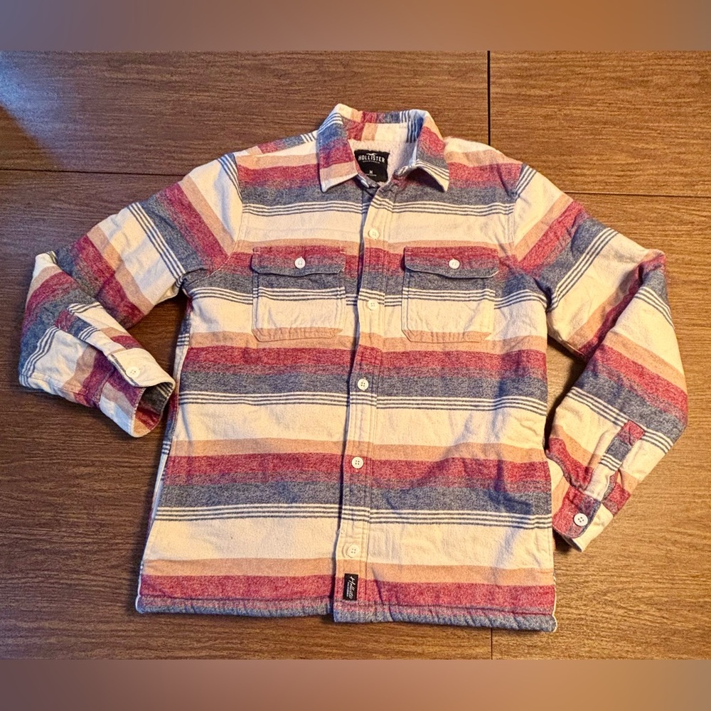 Men's Hollister Flannel Sherpa Lined Striped Blanket Jacket-Medium-EUC
